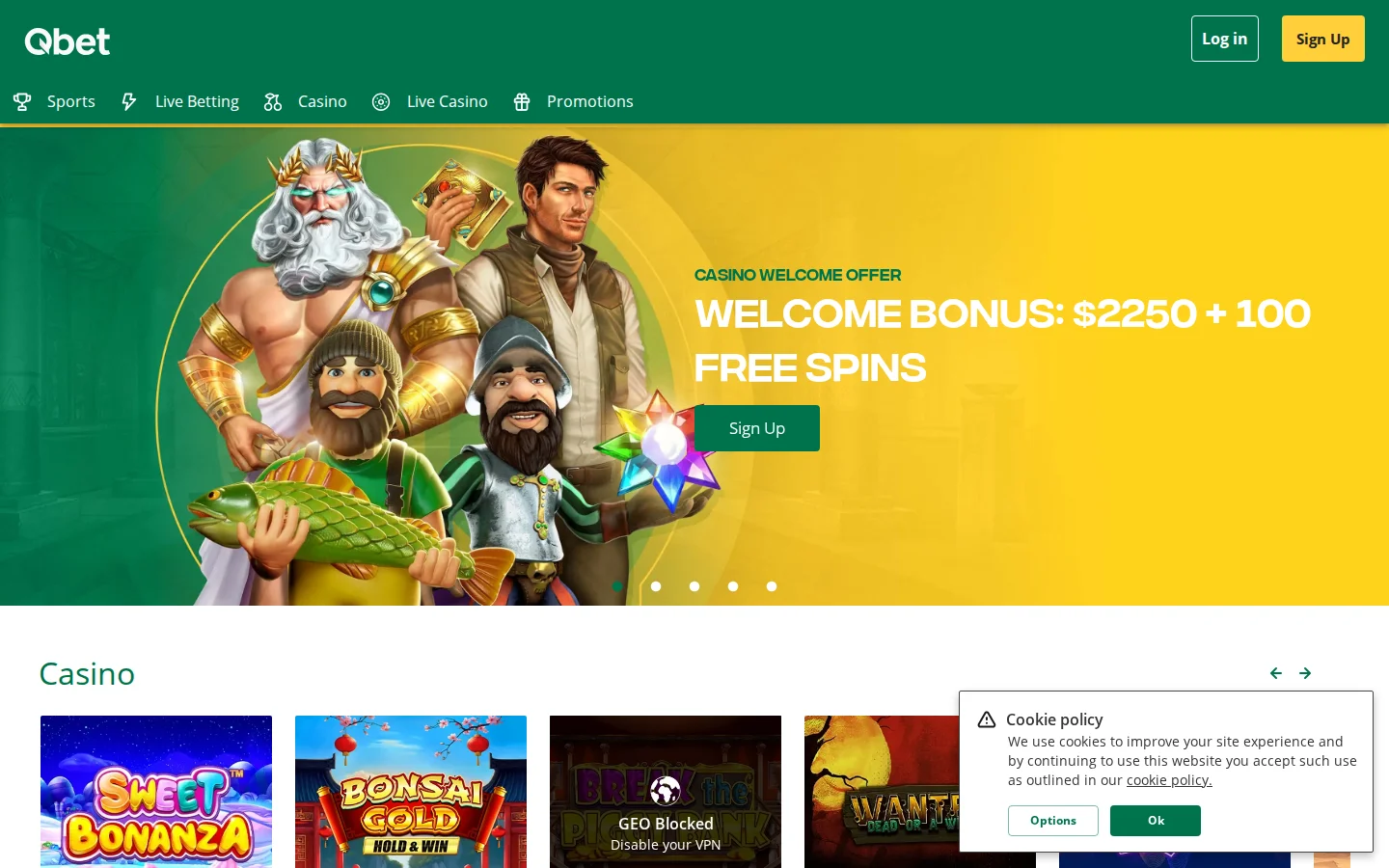 Qbet desktop view